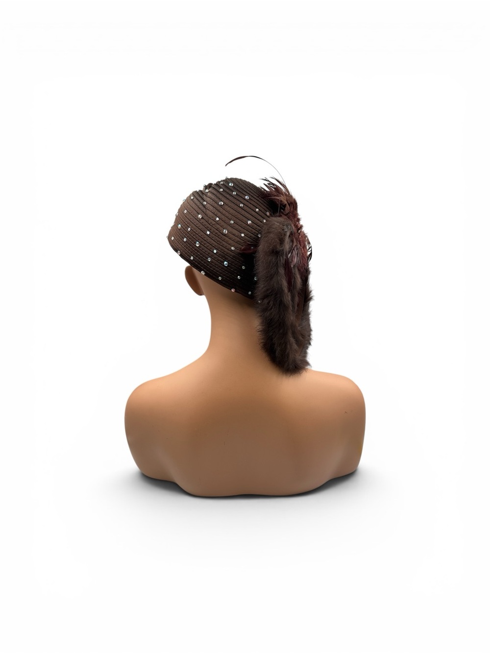 Vintage ML Studio Brown Rhinestone Genuine Fur & Feather Derby Cocktail Hat OS - Picture 3 of 9